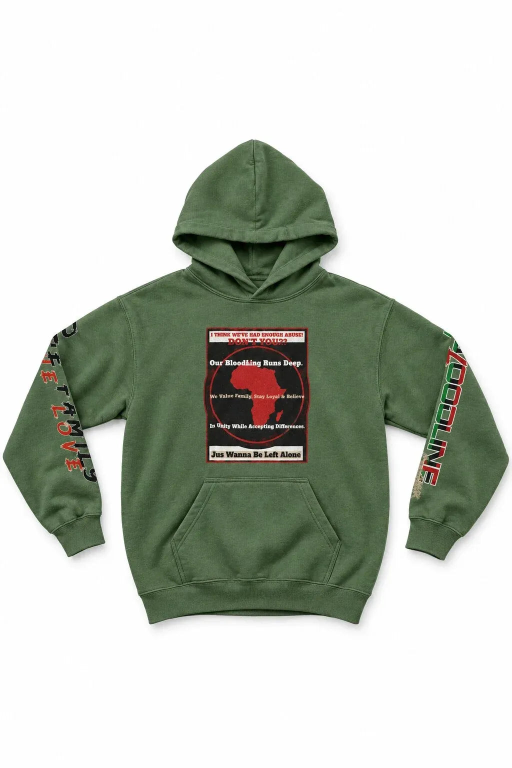 An olive green pullover hoodie with a central graphic print featuring a red map of Africa and text, along with red and green text graphics on both sleeves, displayed against a plain white background.